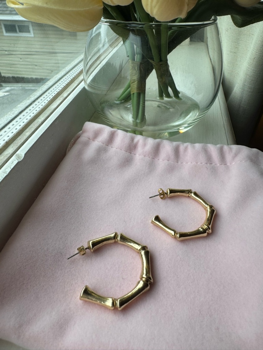 Gold Bamboo-Style Hoop Earrings - Women Jewelry